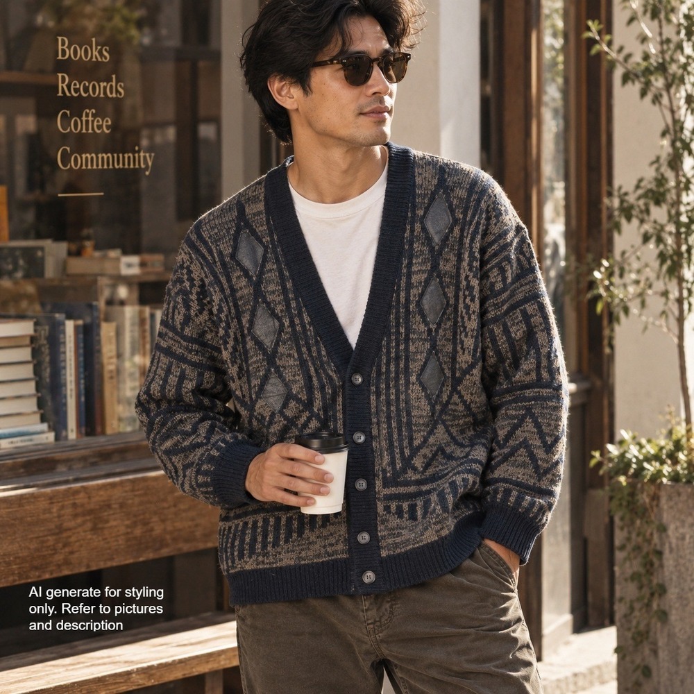 VTG 90s Aspetuck Trading Co Mens Grandpa Geometric Cardigan Brown Navy Blue Med